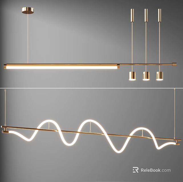 Modern Golden Linear And Wave Shaped Chandeliers With White LED Hanging Lights 3d model 