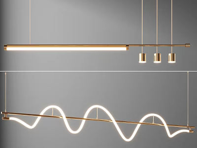 Modern Golden Linear And Wave Shaped Chandeliers With White LED Hanging Lights 3d model