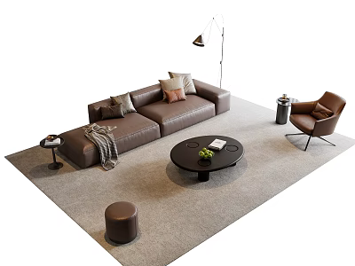 Brown Leather Sofa Coffee Table Set With Throw Pillows Blanket Floor Lamp Armchair Gray Rug 3d model
