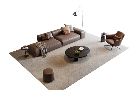 Italian Sofa Coffee Table Combination Sofa Stool Casual Chair Side Table Floor Lamp Leather Fruit Solid Wood Coffee Table 3d model