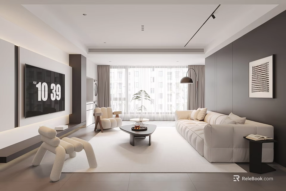 Modern Living Room Interior With White Sofa Large Windows Coffee Table And Rug 3d model 