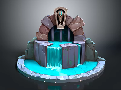 Cartoon Style Stone Fountain With Flowing Blue Water Decorative Arch And Stone Base 3d model
