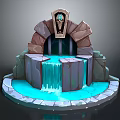 Cartoon Style Stone Fountain With Flowing Blue Water Decorative Arch And Stone Base