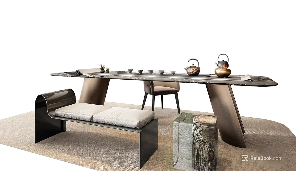 Modern Tea Table and Chairs with Teapot Teacups and Bench in Interior Design 3d model 