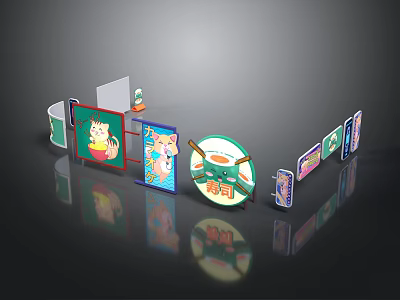 Cartoon Style Sushi Food Display With Round Sign And Patterned Boards 3d model