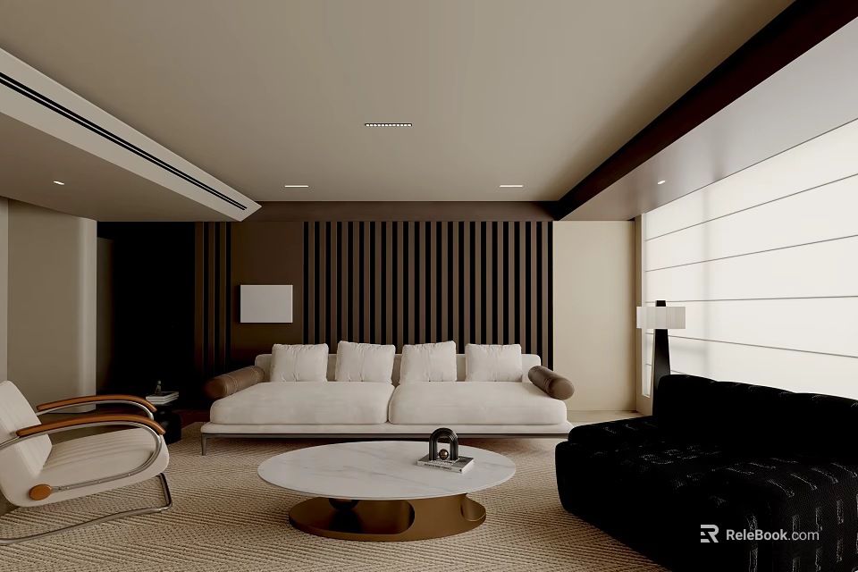 Elegant Modern Living Room Interior With White Sofa Black Armchair Round Coffee Table 3d model 