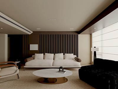 Elegant Modern Living Room Interior With White Sofa Black Armchair Round Coffee Table 3d model