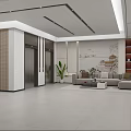 Spacious Lobby Interior With Elevators Sofa Plant And Decorative Wall Art 3d model