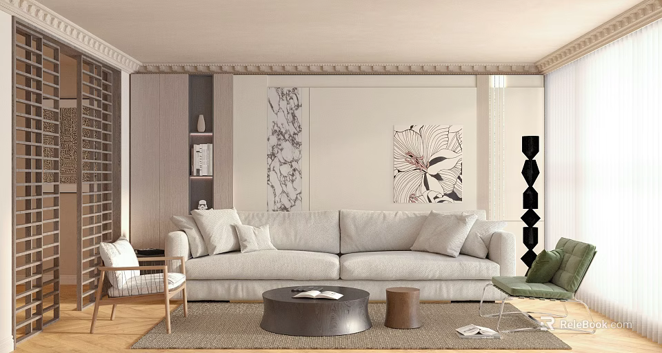 Minimalist Living Room Interior With Beige Sofa Decorative Wall Art And Round Coffee Table 3d model 