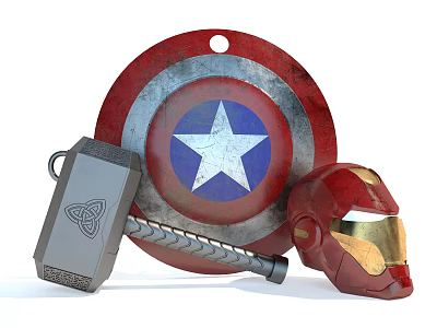 Captain America Shield Thor Hammer And Iron Man Helmet Collectible Display Set 3d model