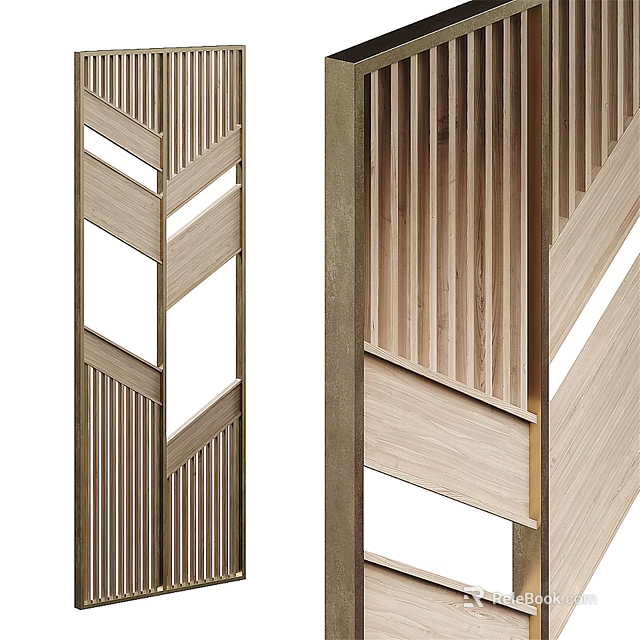 Modern Wooden Room Divider With Slatted Design And Geometric Pattern For Home Interior 3d model 