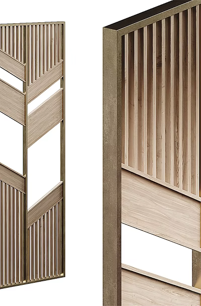 Modern Wooden Room Divider With Slatted Design And Geometric Pattern For Home Interior 3d model