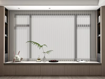 Modern White Curtains for Large Window with Rabbit Doll Small Plant Tray and Books 3d model