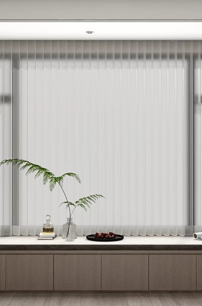 Modern White Curtains for Large Window with Rabbit Doll Small Plant Tray and Books 3d model