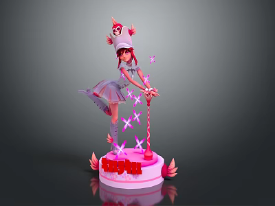 Game Character With Red Hair Hat Star Adorned Staff Pink Base Flame Decorations And RUBY 3d model