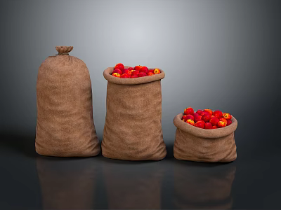 Fresh Red Berries Stored in Three Burlap Sacks on Dark Surface 3d model
