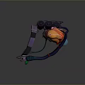 Purple And Orange Mechanical Character With Head Like Structure And Blue Glowing Orb