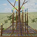 Garden Ornament With Tree Centered Rope Net And Wooden Frame In Grass Area