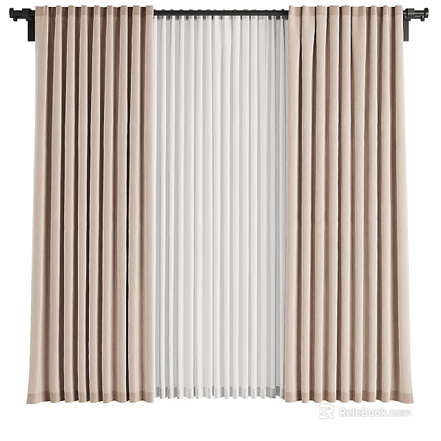 Beige Pleated Curtains With Vertical Design And White Sheer For Modern Window Decor 3d model 