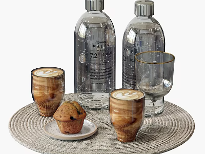Tabletop Decor Set With Water Bottles Coffee Mugs Glass Cup Muffin On Woven Tray 3d model