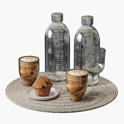 Tabletop Decor Set With Water Bottles Coffee Mugs Glass Cup Muffin On Woven Tray 3d model