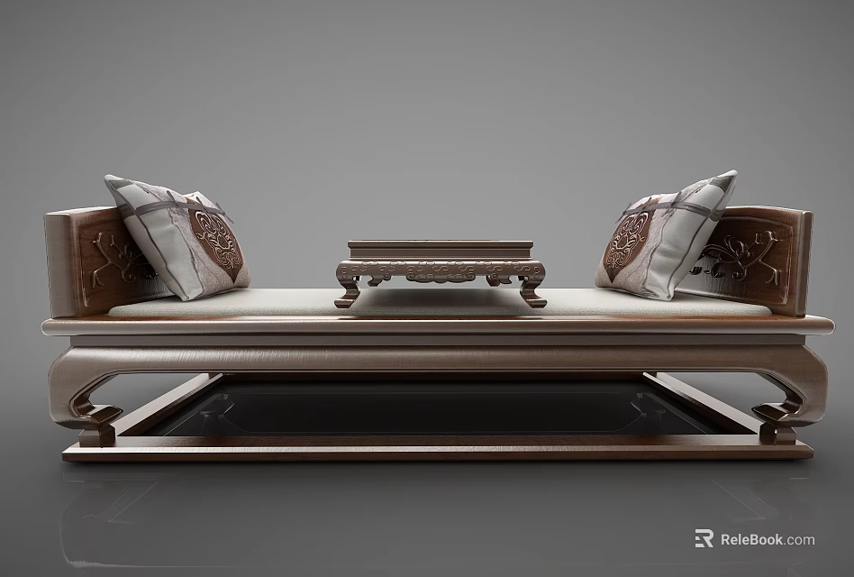 Traditional Wooden Sofa Bench With Intricate Carved Armrests And Patterned Cushions Plus Small Table 3d model 