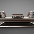 Traditional Wooden Sofa Bench With Intricate Carved Armrests And Patterned Cushions Plus Small Table
