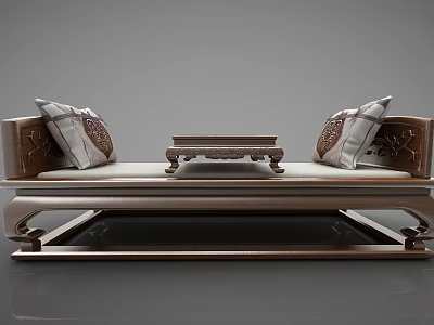 Traditional Wooden Sofa Bench With Intricate Carved Armrests And Patterned Cushions Plus Small Table 3d model