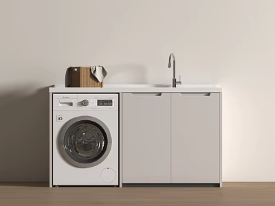 Modern Laundry Space With Washing Machine White Cabinets Sink Countertop Wooden Basket And Towel 3d model