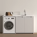 Modern Laundry Space With Washing Machine White Cabinets Sink Countertop Wooden Basket And Towel