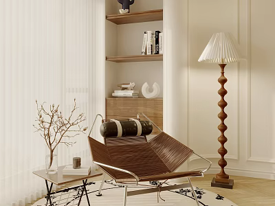 Accent Chair With Side Table Decorative Branch And Floor Lamp Near Bookshelf In Cozy Interior 3d model