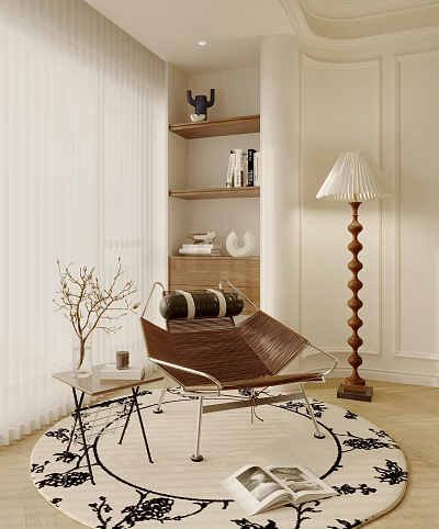 Accent Chair With Side Table Decorative Branch And Floor Lamp Near Bookshelf In Cozy Interior 3d model