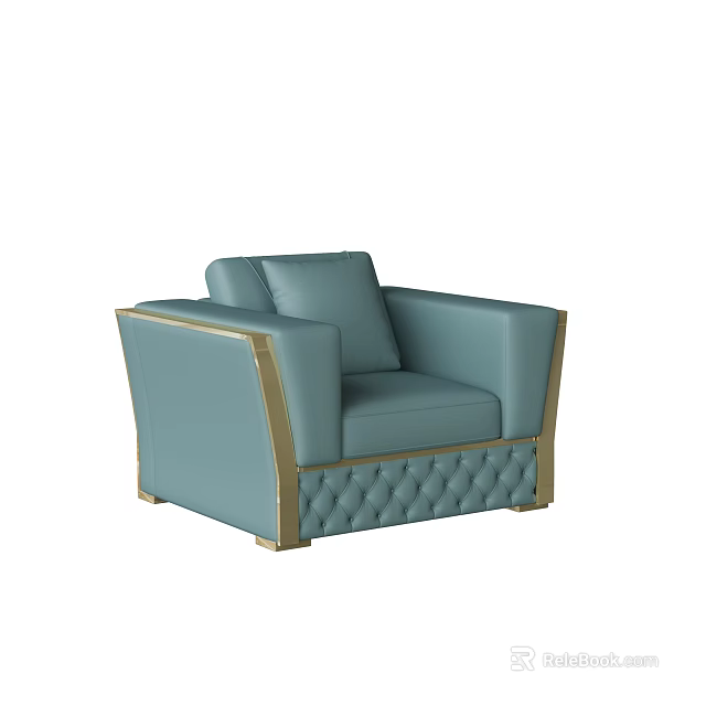 Elegant Light Blue Single Sofa With Golden Frame And Diamond Tufted Base 3d model