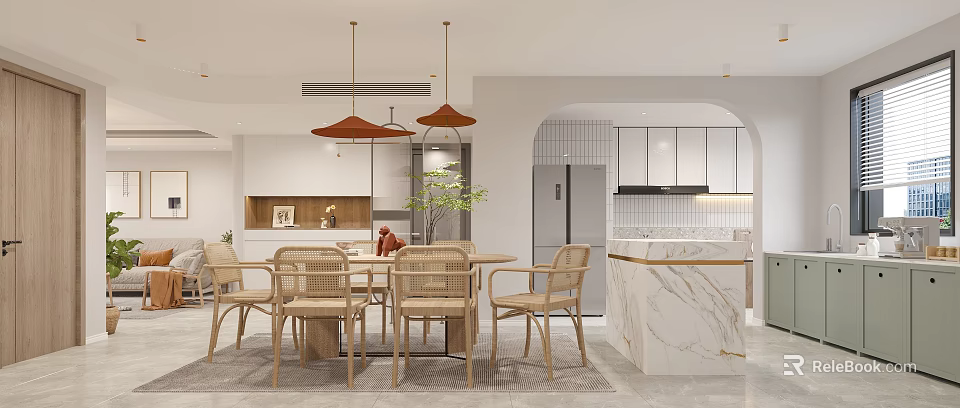 Open Dining and Living Area With Rattan Chairs Orange Pendant Lights Marble Island White Cabinets 3d model 