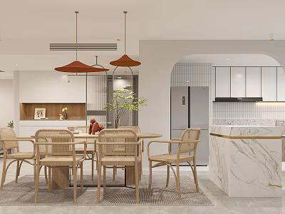 Open Dining and Living Area With Rattan Chairs Orange Pendant Lights Marble Island White Cabinets 3d model
