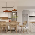 Open Dining and Living Area With Rattan Chairs Orange Pendant Lights Marble Island White Cabinets