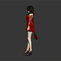 Game Movie Character In Red Dress With Long Black Hair Yellow Cuffs And Red Shoes