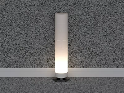 White Cylindrical Floor Lamp With Black Base Against Gray Textured Wall Emitting Soft Glowing Light 3d model