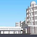 Modern Multi Story Office Building With Glass Windows Dome Structure And Entrance