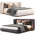 Elegant Double Bed With Upholstered Headboard Plush Pillows And Textured Throw Blanket In Neutral Tones