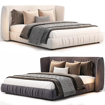 Elegant Double Bed With Upholstered Headboard Plush Pillows And Textured Throw Blanket In Neutral Tones 3d model