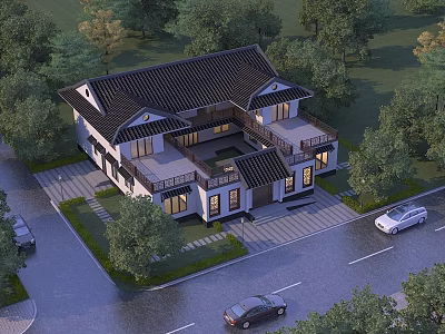 Traditional Chinese Architecture with Two Story Structure Black Tiled Roof Courtyard and Lush Trees 3d model