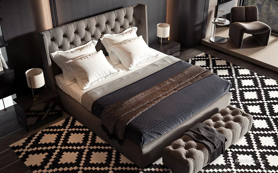 Tufted Headboard Double Bed With White Pillows Navy Bedding Geometric Rug And Tufted Ottoman 3d model 