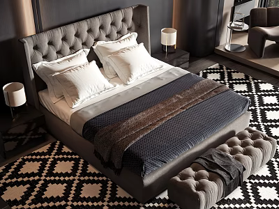 Tufted Headboard Double Bed With White Pillows Navy Bedding Geometric Rug And Tufted Ottoman 3d model