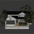 Two Story Detached House With Black Roof Skylights Orange Fence Green Lawn And Trees
