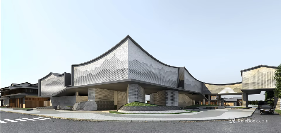 Modern Commercial Street Architecture With Traditional Mountain Pattern Gray White Facade And Landscaping 3d model 