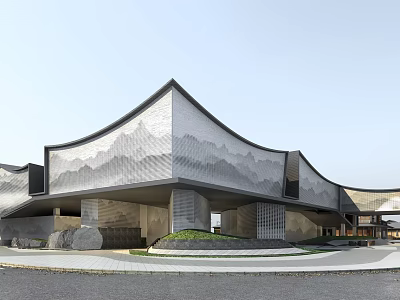 Modern Commercial Street Architecture With Traditional Mountain Pattern Gray White Facade And Landscaping 3d model
