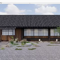 Traditional Japanese Wooden House with Black Tile Roof Lattice Windows Gravel Courtyard Stones Small Plants