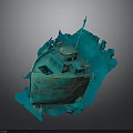 Sunken Shipwreck With Green Hull Cabin And Damaged Underwater Structure