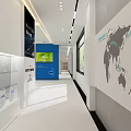 Modern Office Corridor Featuring Blue Wall Reception Desk Hanging Pendant Lights And Glass Door